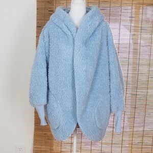 Nordic Beach Hooded Wrap Cardigan Light Blue Sherpa Fleece Oversized One Size